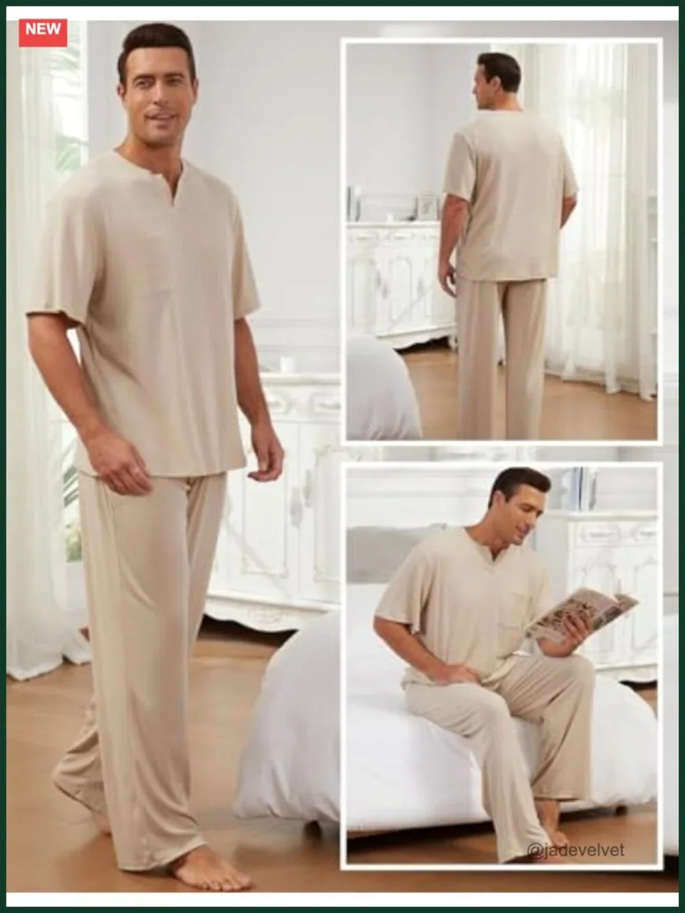 Men's Short Sleeve Pajama Set - V-Neck Pullover Top with Pockets, 2-Piece